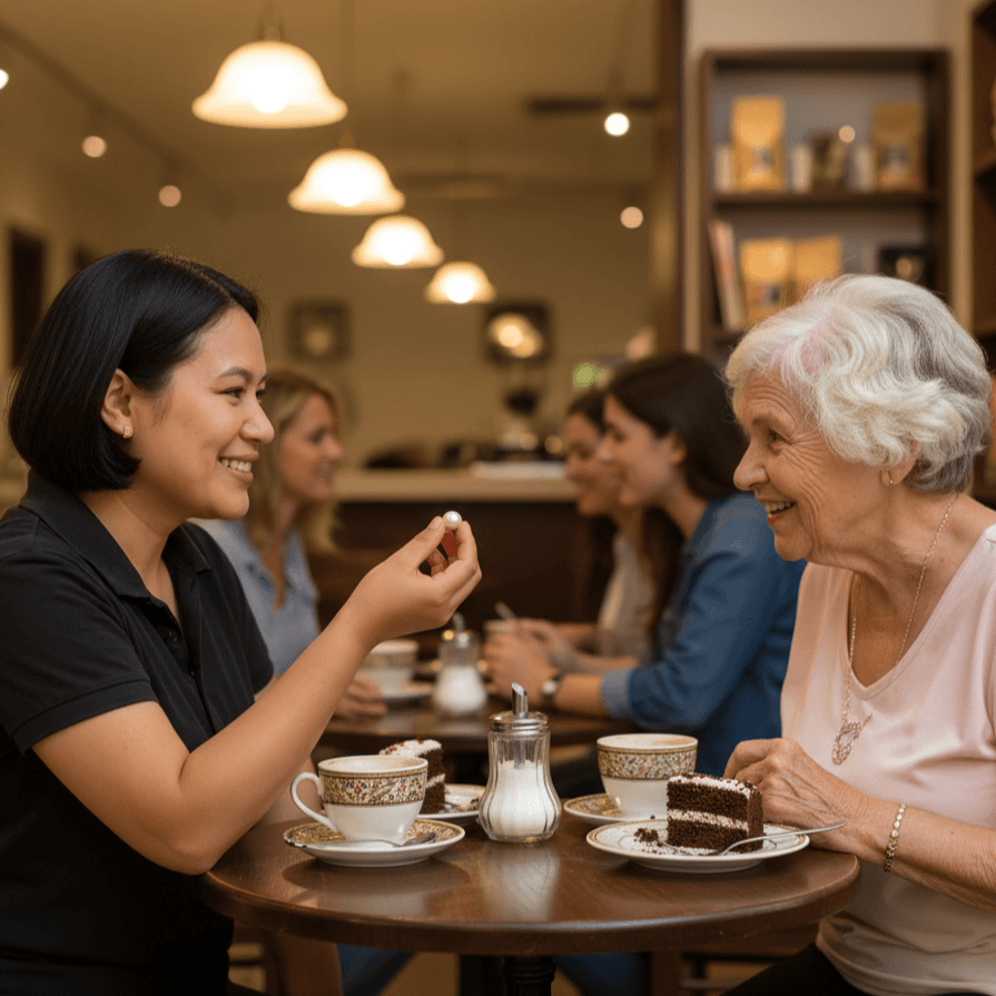 Icon image of two woman seated opposite at a diner with one offering a pearl of sage wisdom to the other
