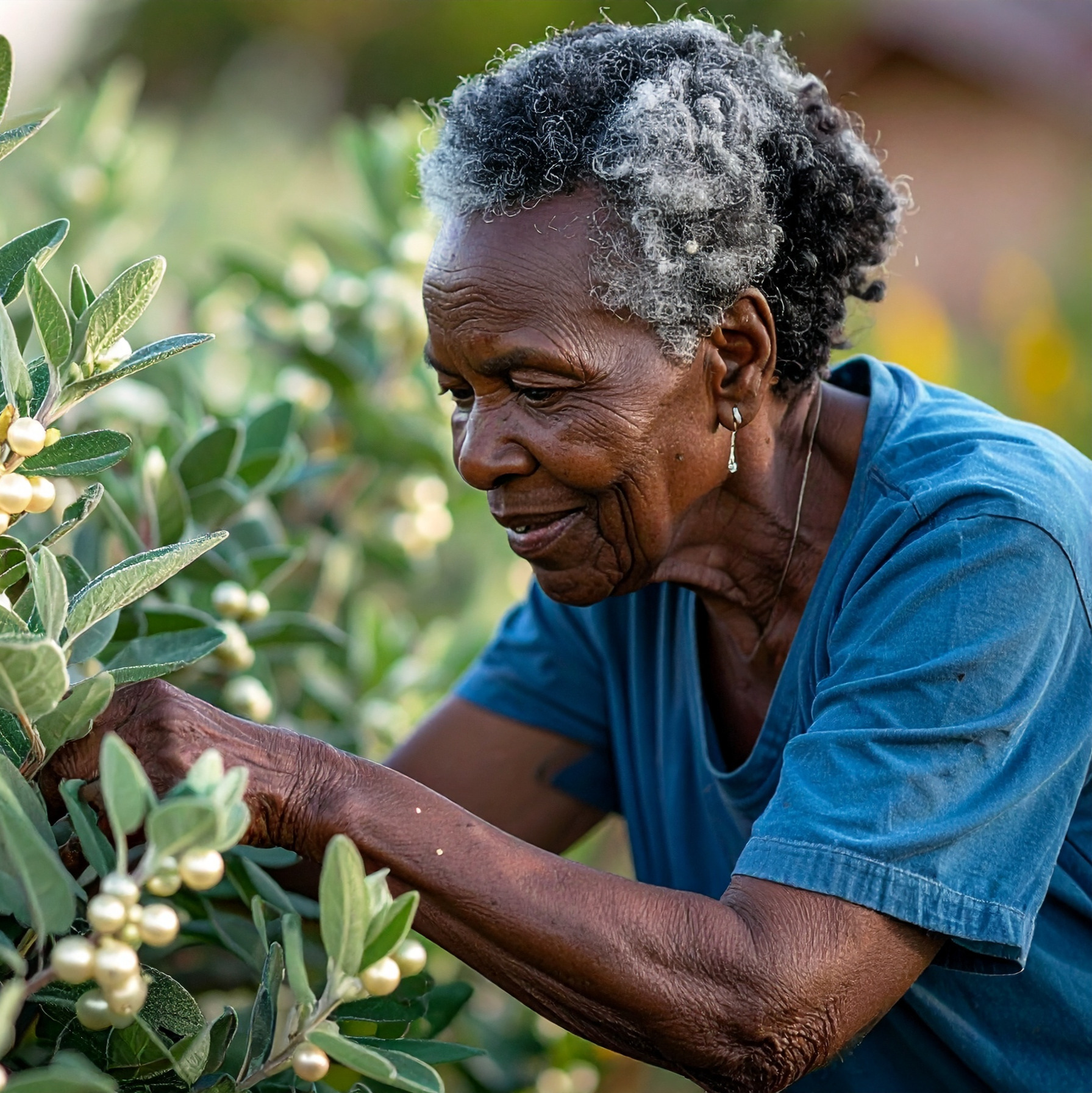Icon image of a woman picking a pearl of sage wisdom from a sage bush